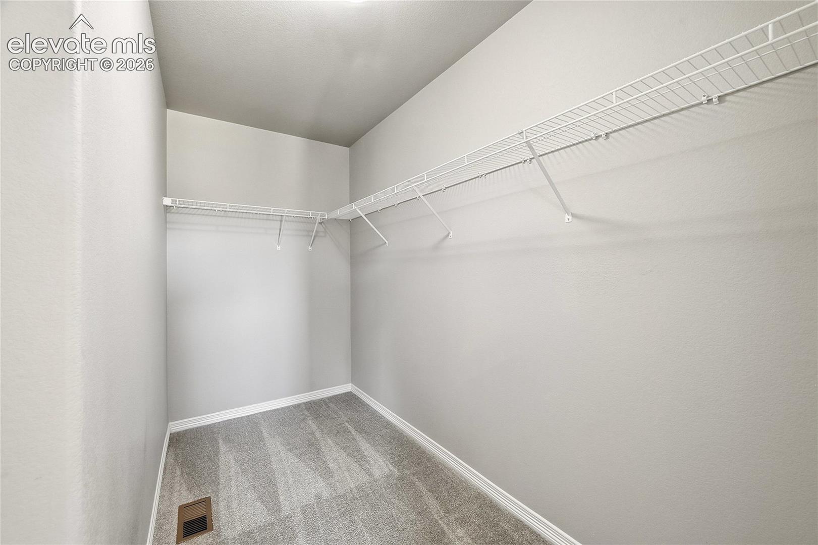 Walk-in closet featuring wire shelving, gray textured walls, and gray carpet flooring