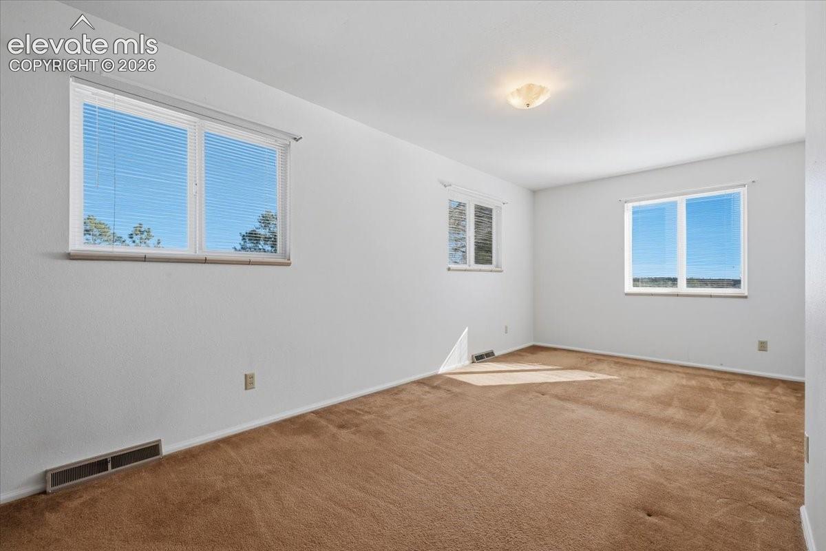 Neutral-toned interior space featuring wall-to-wall carpeting, three multi-pane windows, and a central ceiling-mounted light fixture
