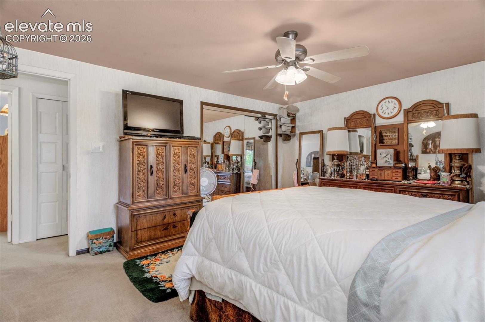 Spacious primary bedroom featuring neutral carpet flooring, ceiling fan with integrated lighting, wood-finish dresser and storage cabinetry, framed mirror, and wall-mounted television