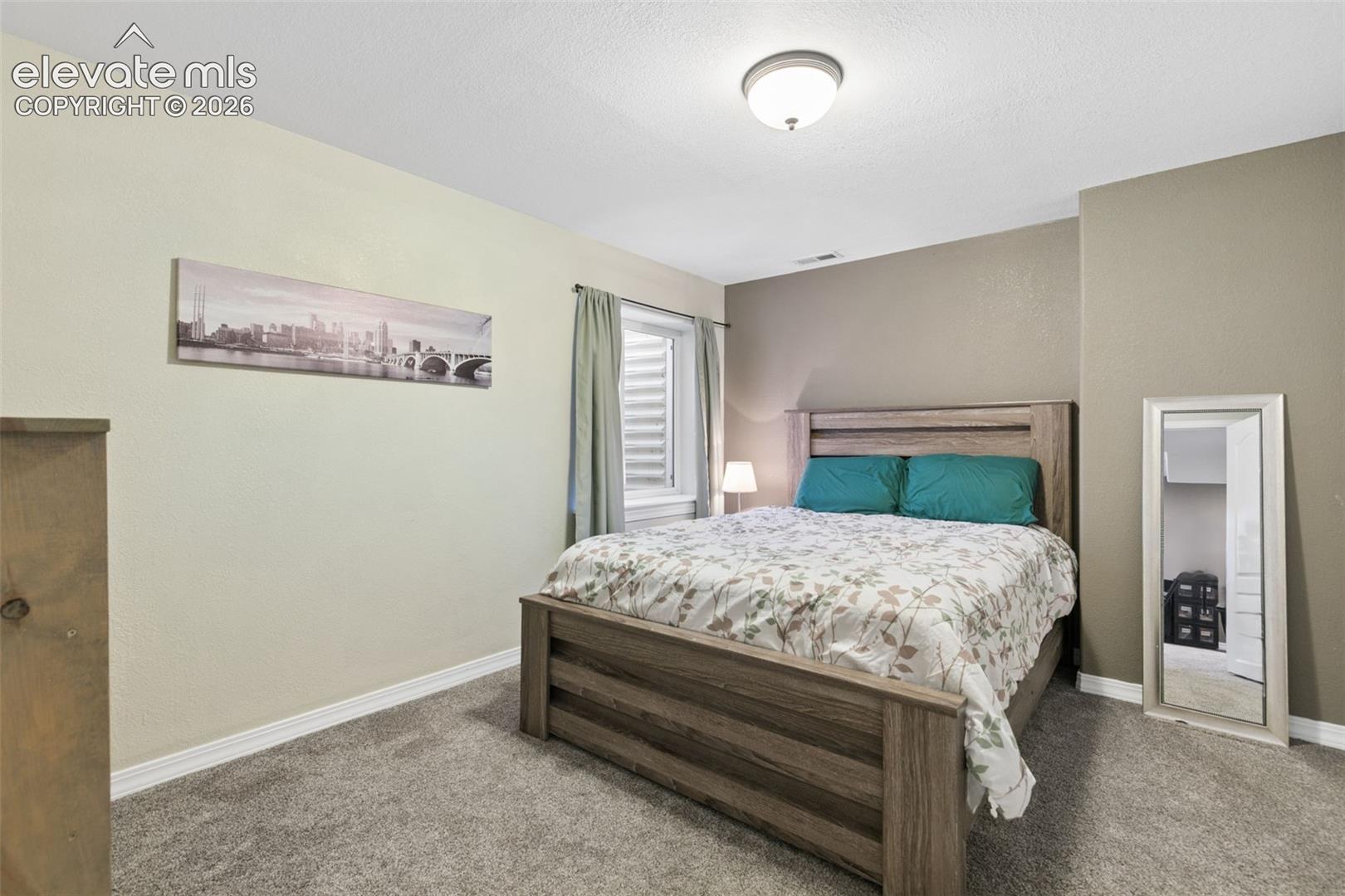 Carpeted flooring, recessed window with blinds, ceiling-mounted light fixture