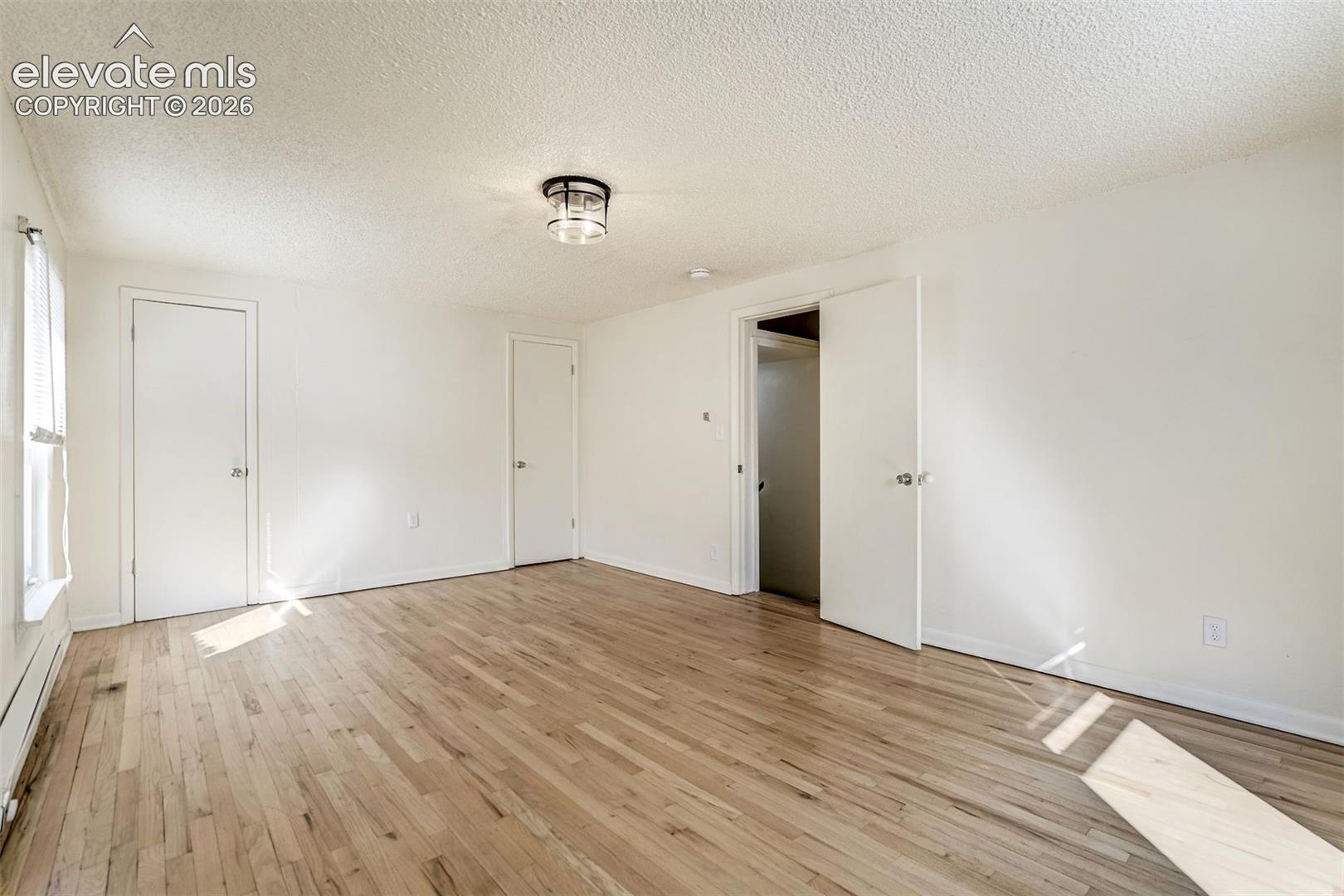 Interior space featuring wood-finish flooring, a flush-mount ceiling light fixture, and multiple interior doors with metal hardware