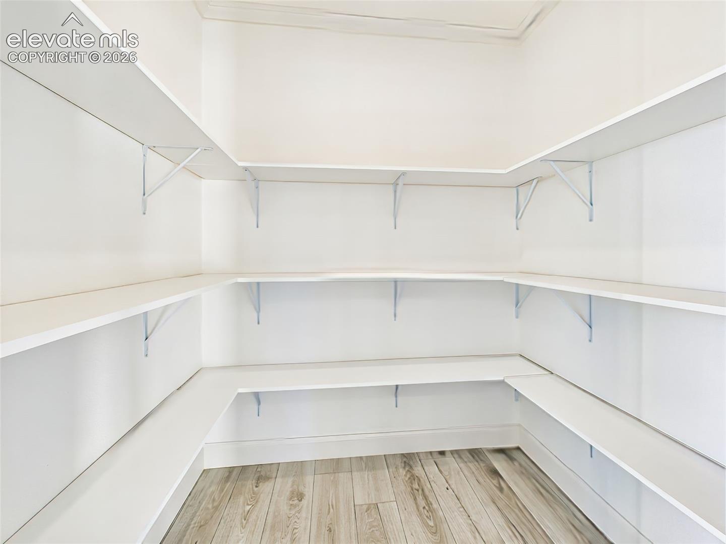 Walk-in pantry with wraparound shelving for ample kitchen storage and organization.