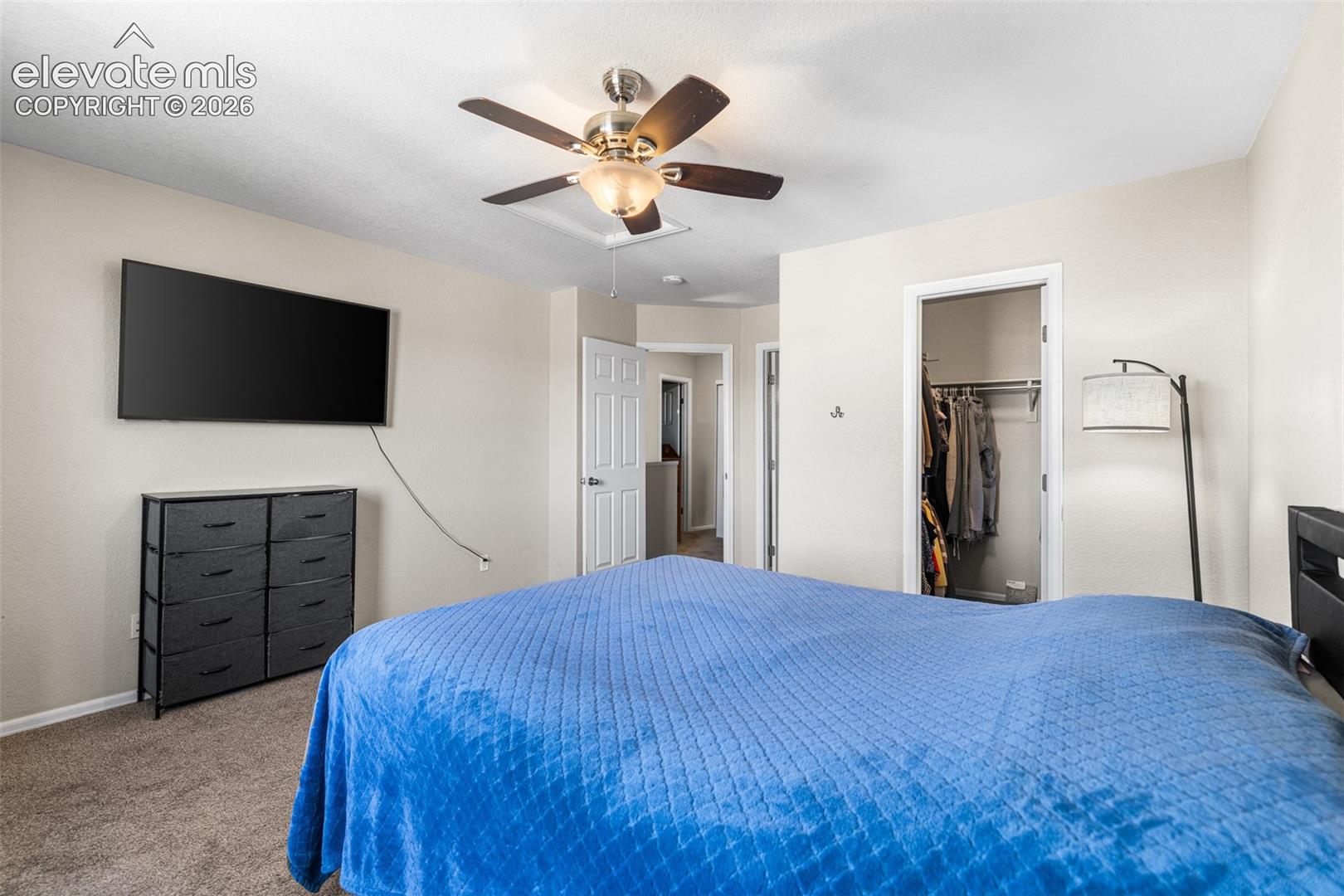 Neutral-toned interior featuring carpeting, a multi-blade ceiling fan with light fixture, and walk-in closet