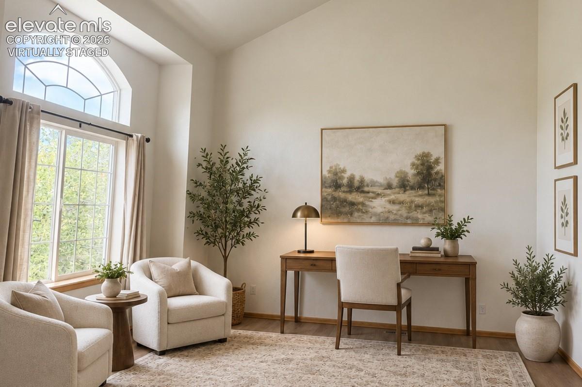 Entry open space with Vaulted ceiling with an arched transom window. Neutral wood floors. Virtually staged.