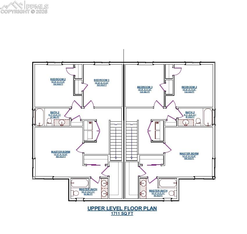 Upper level floor plan. A loft can be substituted for the third bedroom.