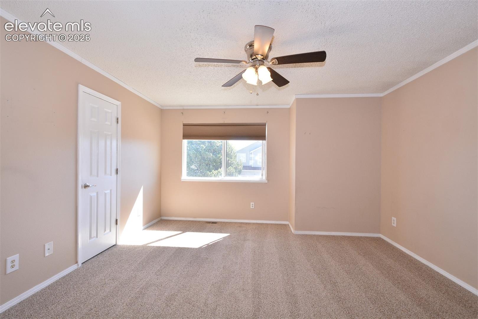Neutral-toned interior featuring wall-to-wall carpeting, a central ceiling fan with integrated lighting, a single-panel interior door, and a horizontal window with a roller shade