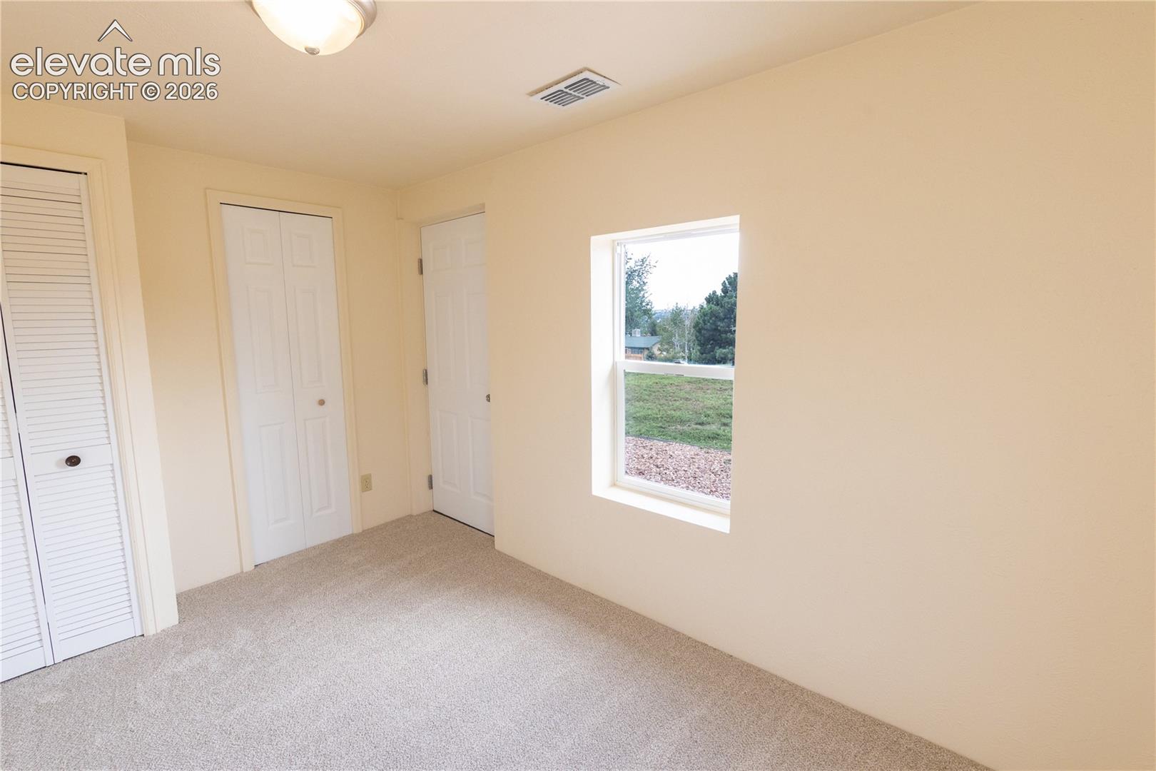 Neutral wall finishes, carpeted flooring, white louvered-style closet doors, solid-core interior door, and a single-hung window