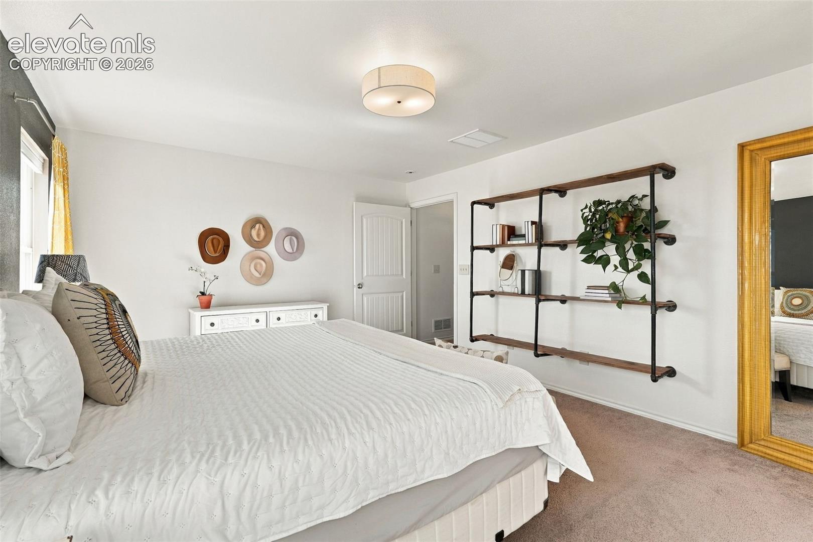 Wall-mounted shelving unit featuring industrial-style metal piping and wooden shelving, neutral carpeting, and a central drum-style ceiling light fixture