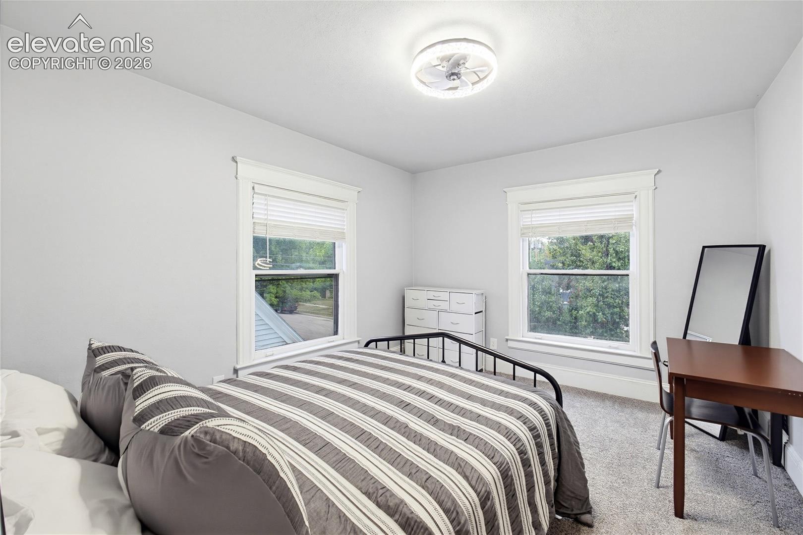 Two windows with white trim, ceiling-mounted light fixture, and light-colored carpeting