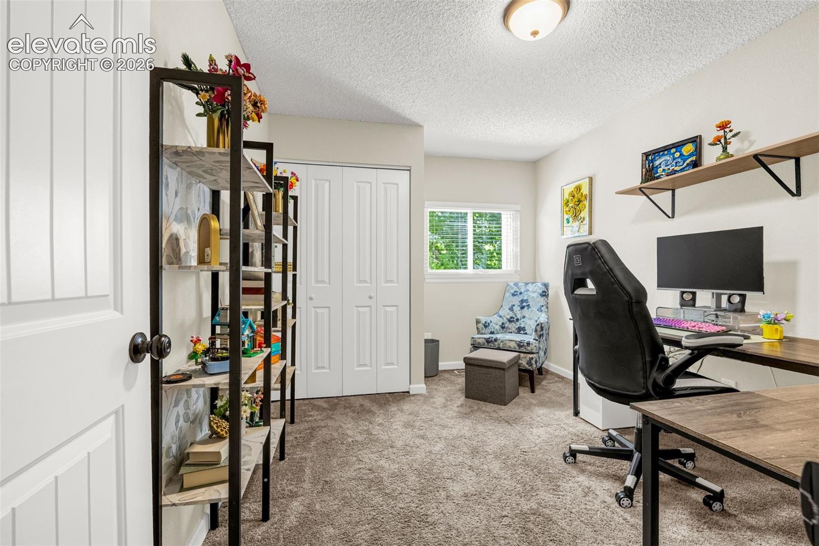 Room featuring carpeted flooring, neutral wall paint, a sliding door closet, a single-pane window, and a wall-mounted shelving unit