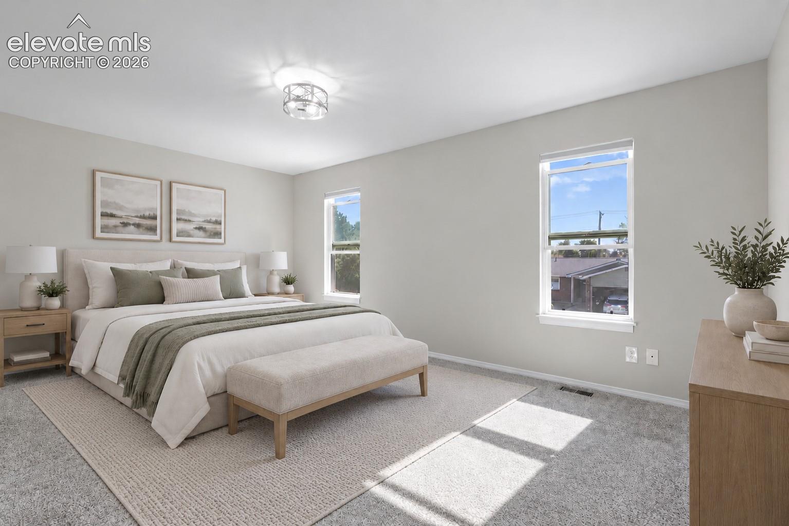 Neutral-toned interior featuring wall-to-wall carpeting, dual windows, and a multi-light flush-mount ceiling fixture