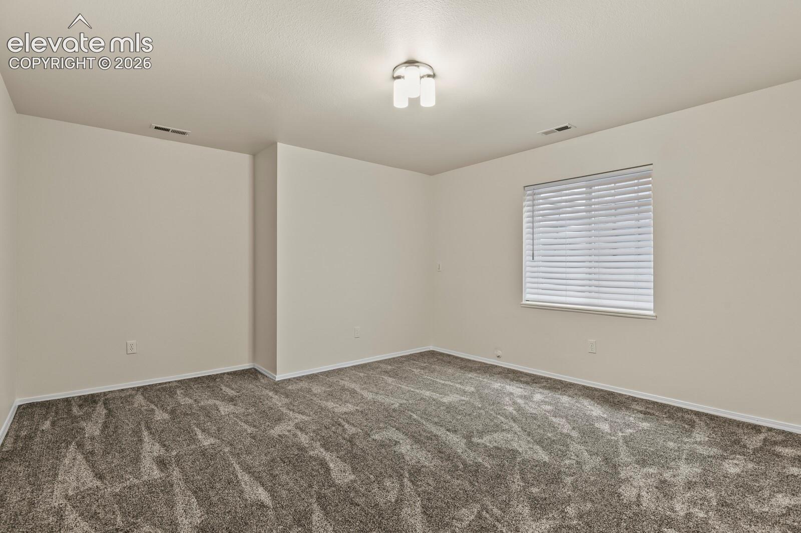 Neutral-toned wall paint, patterned wall-to-wall carpeting, multi-light flush-mount ceiling fixture, and horizontal window blinds