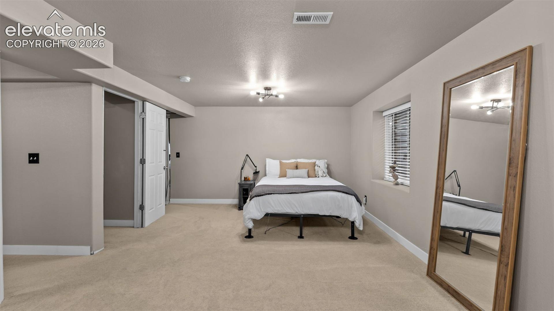 Neutral-toned interior featuring wall-to-wall carpeting, recessed window with horizontal blinds, multi-bulb overhead lighting fixture, and a paneled interior door