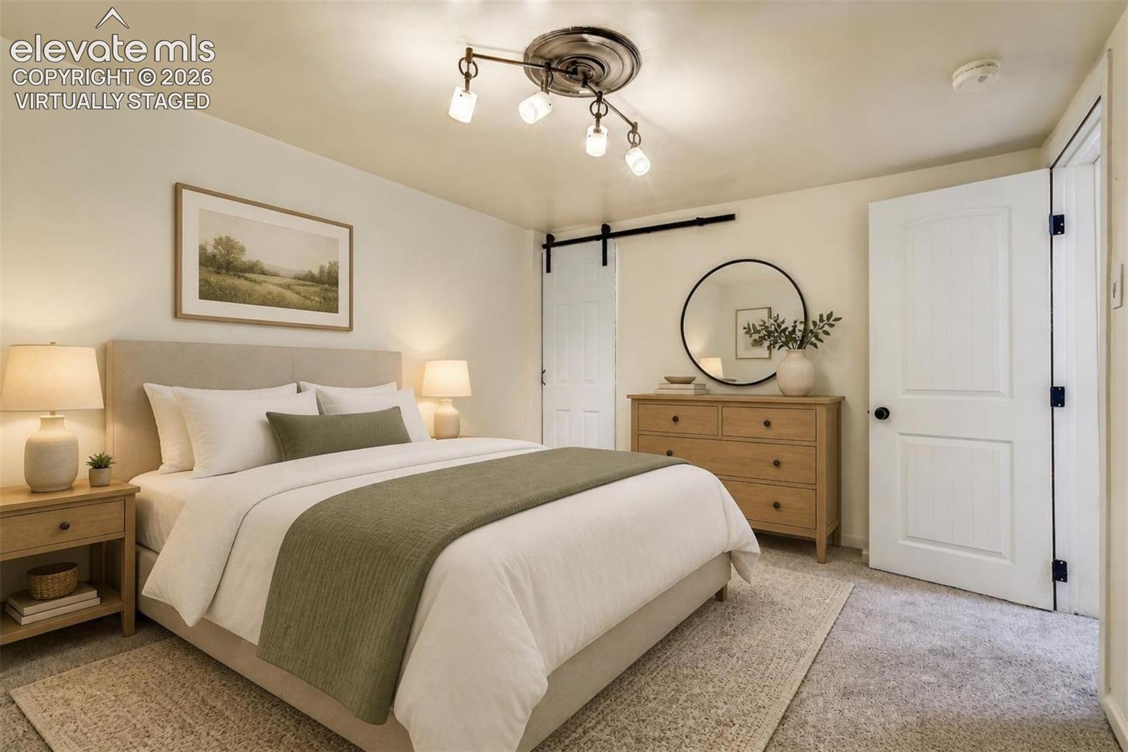 Virtually Staged.  Multi-directional track lighting fixture, sliding barn-style door with matte black hardware, and two-panel interior doors