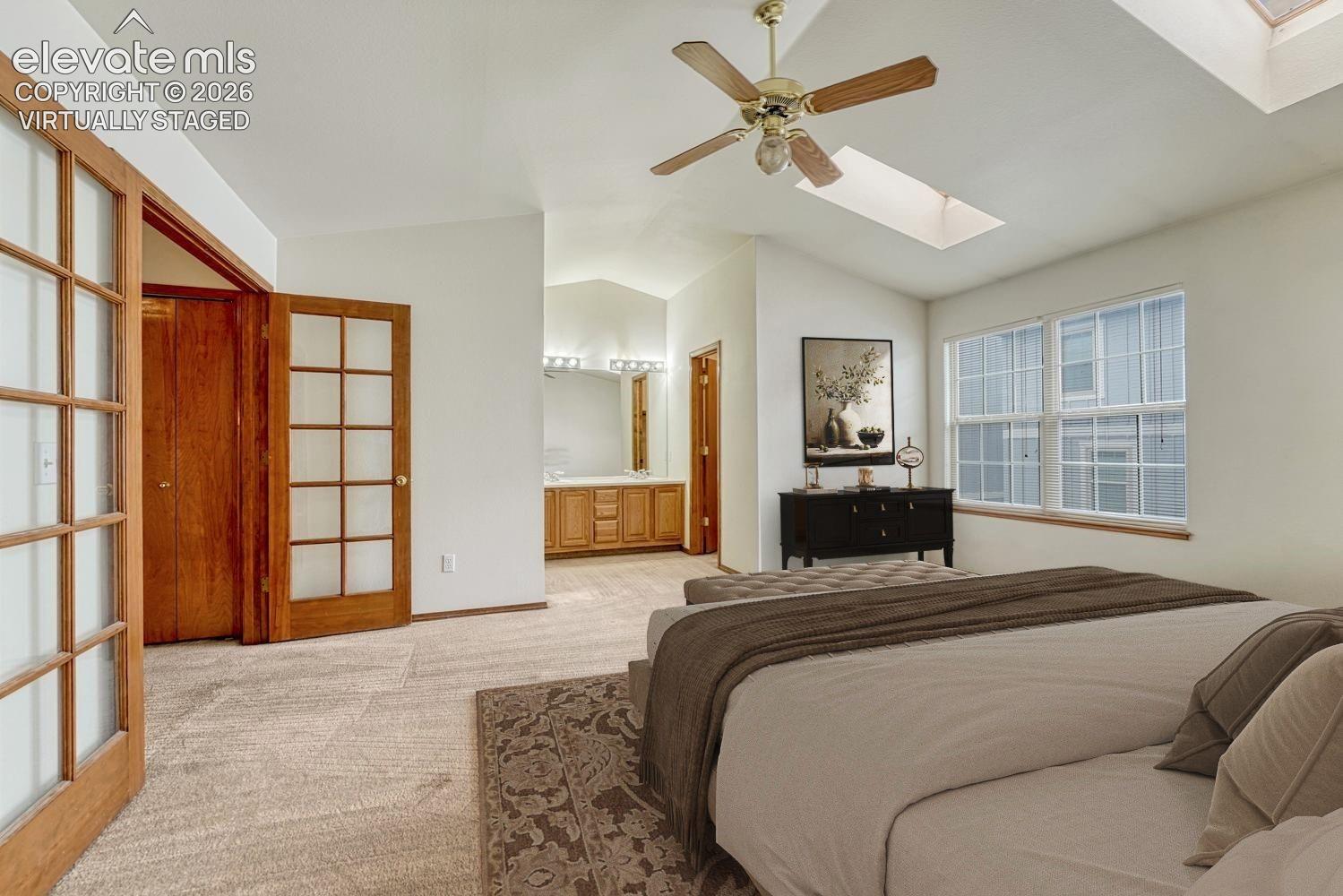 Primary bedroom suite. Virtually staged.