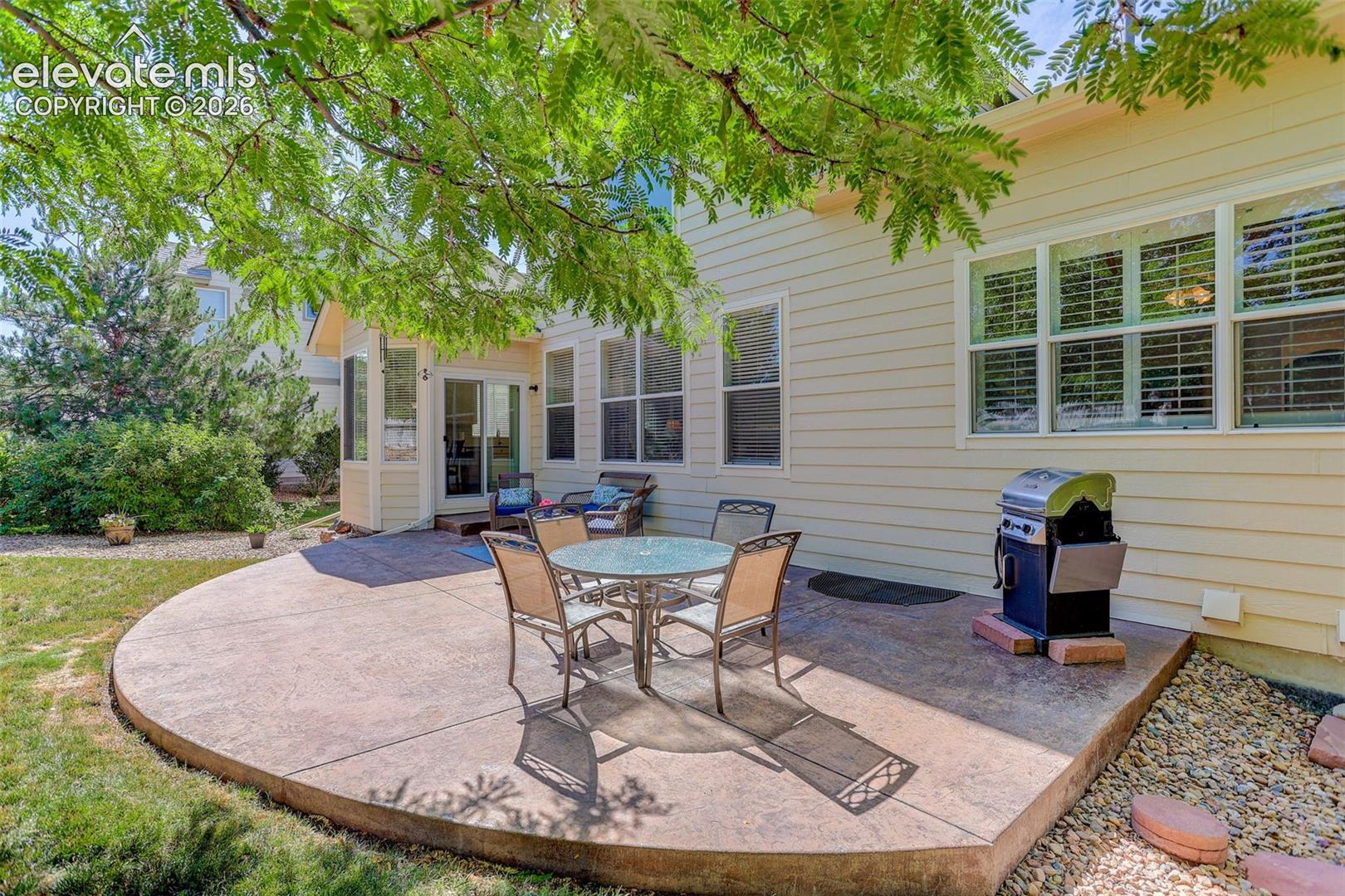 Stained concrete patio with a curved edge, surrounded by a manicured lawn and mature landscaping