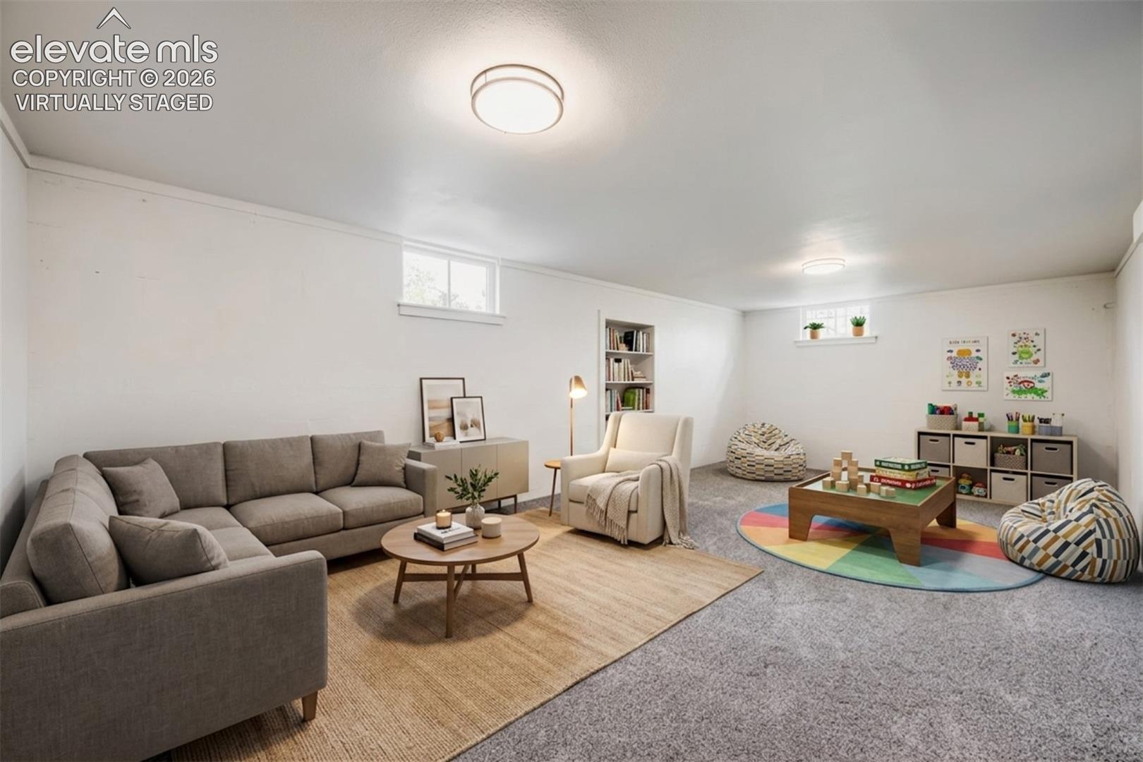 Recessed lighting, light-colored walls, built-in shelving, and multiple windows. Virtually staged.