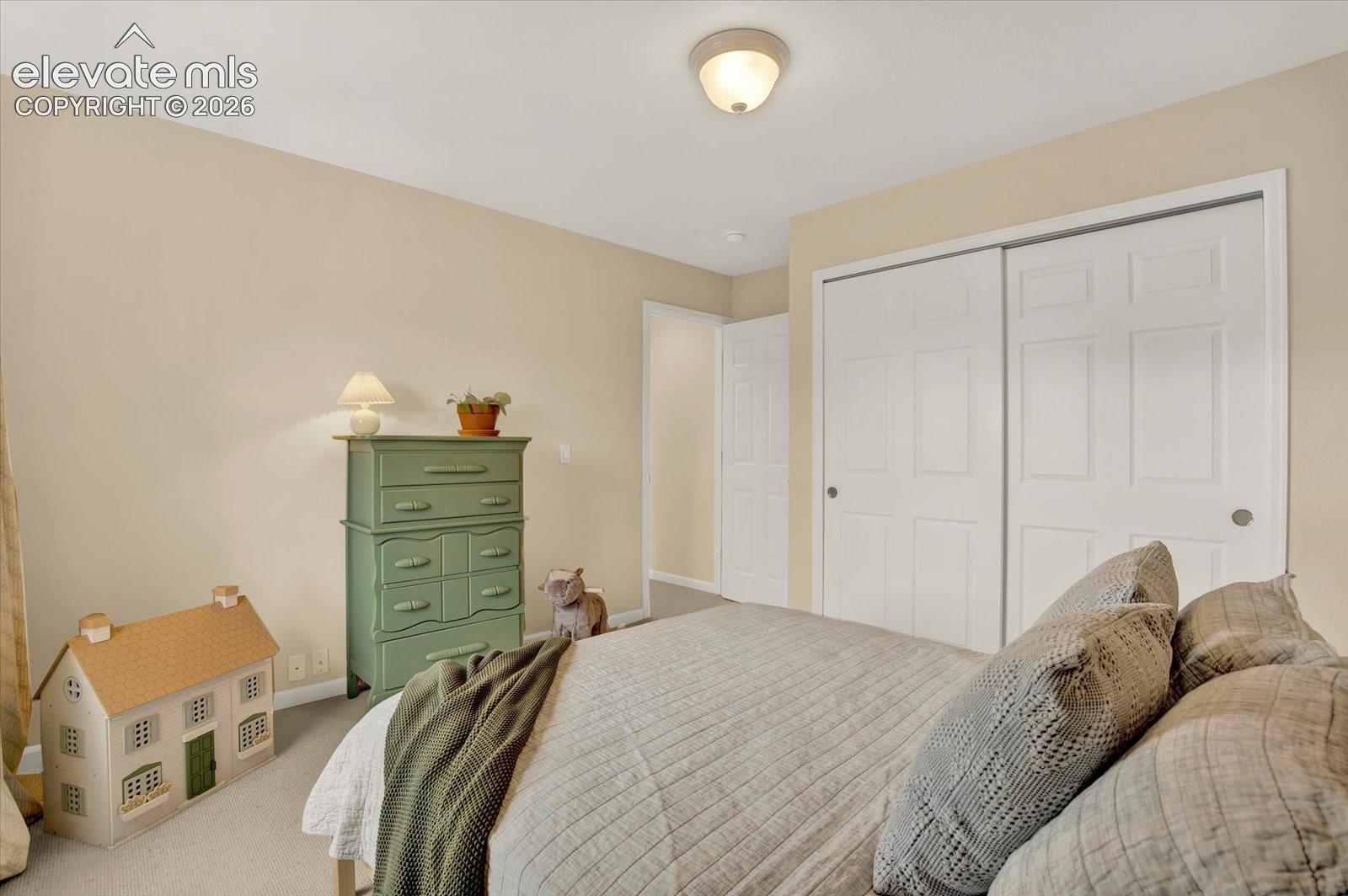 Neutral-toned interior featuring wall-to-wall carpeting, flush-mount lighting, and a dual-panel sliding closet door
