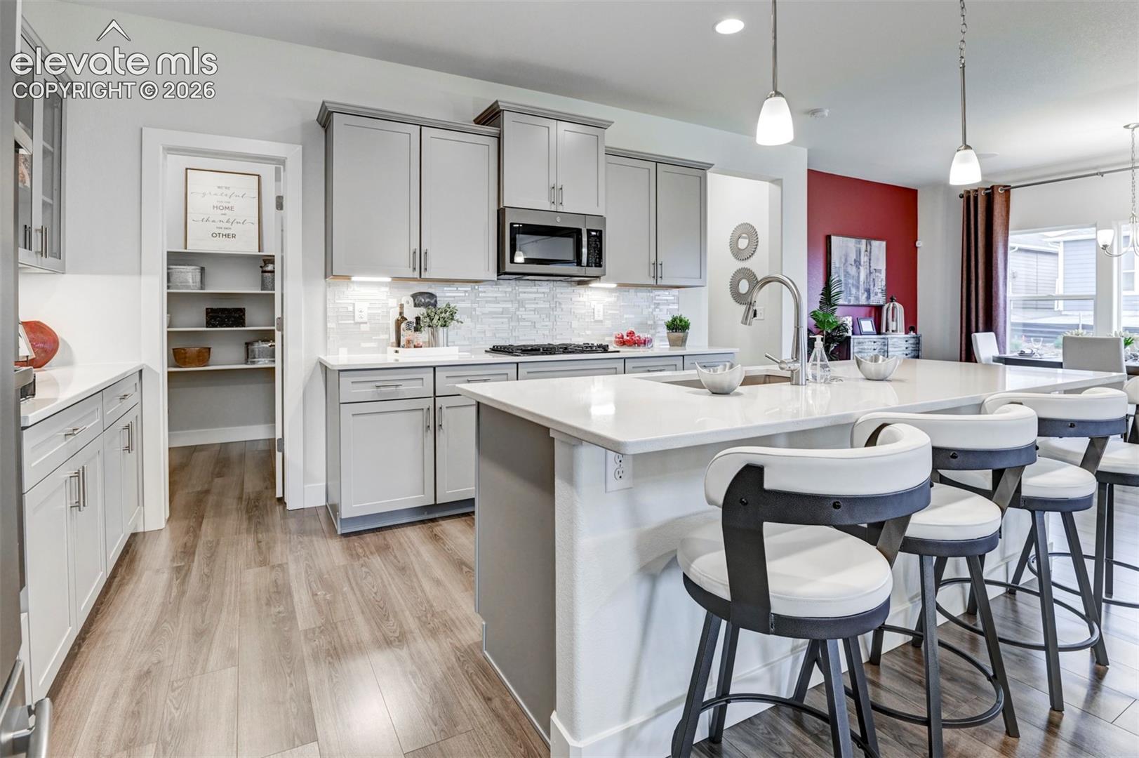 Kitchen featuring a large island with countertop seating, stainless steel appliances, wood-finish flooring, and a walk-in pantry