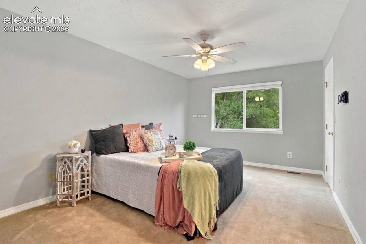 Neutral-toned interior featuring wall-to-wall carpeting, a multi-blade ceiling fan with integrated lighting, and a single-pane horizontal window