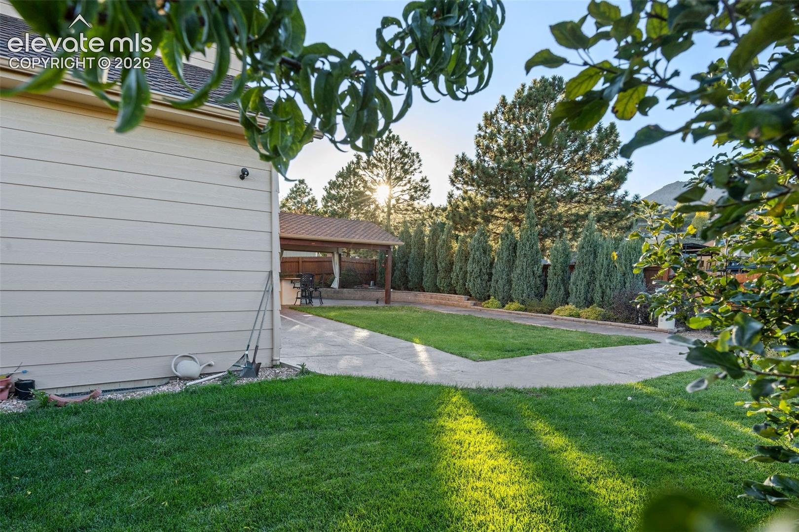 Backyard featuring a manicured lawn, concrete patio, covered outdoor structure, and mature perimeter trees