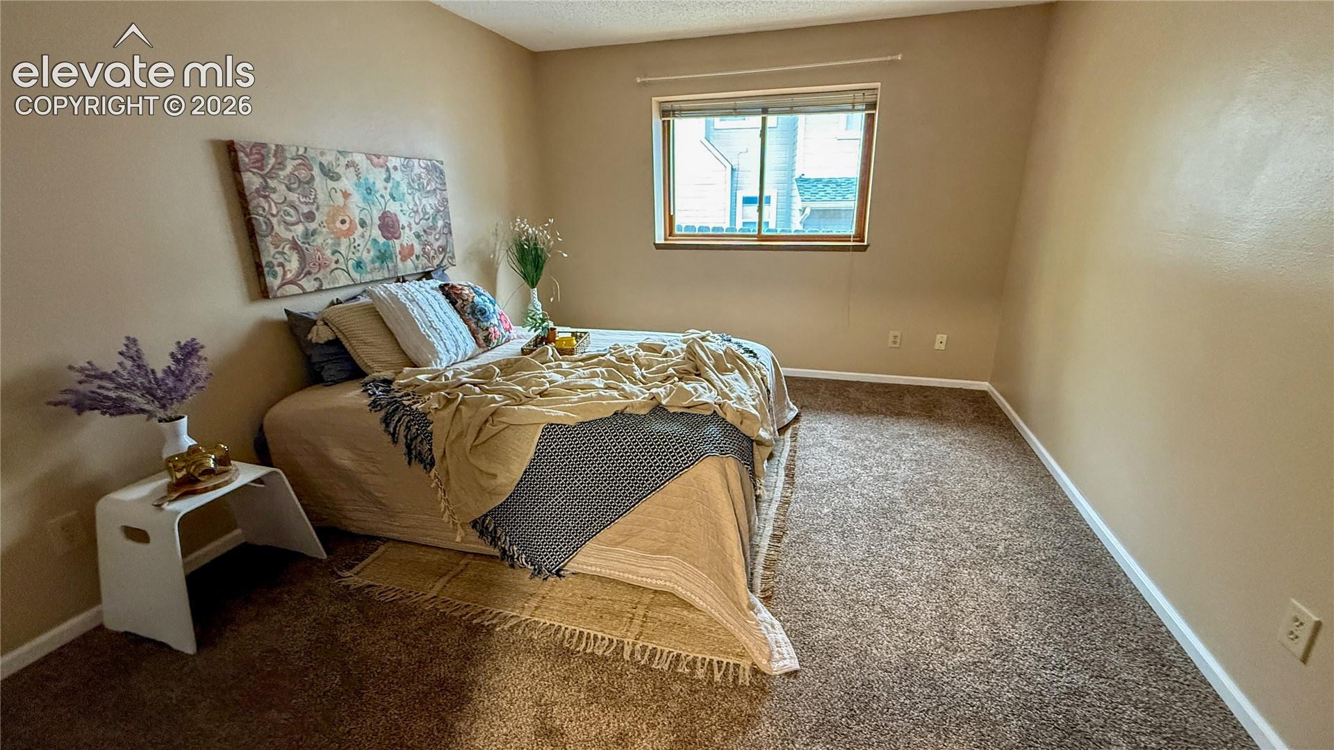Main level bedroom with neutral wall coloring, wall-to-wall carpeting, and a sliding glass window