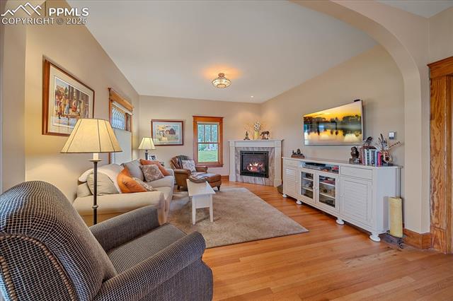 Living room featuring light wood finished floors, arched walkways, and a high end fireplace