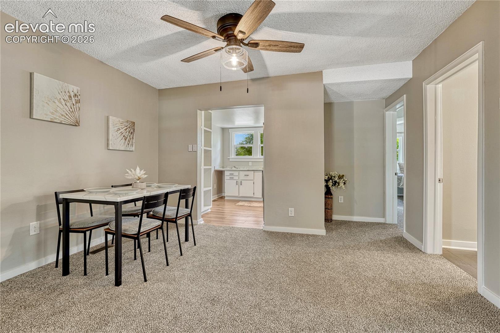 Neutral tone wall paint with a textured ceiling, a ceiling fan with light fixture, and carpet flooring