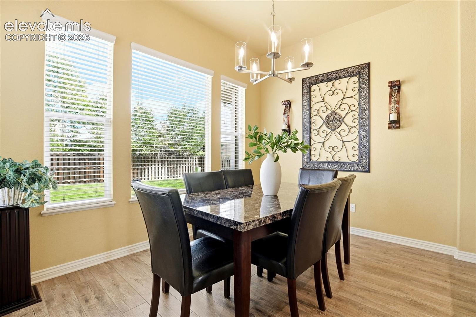 Light filled dining area, backyard views and updated lighting.  The updated lighting is featured throughout the main level and really elevates the home.  