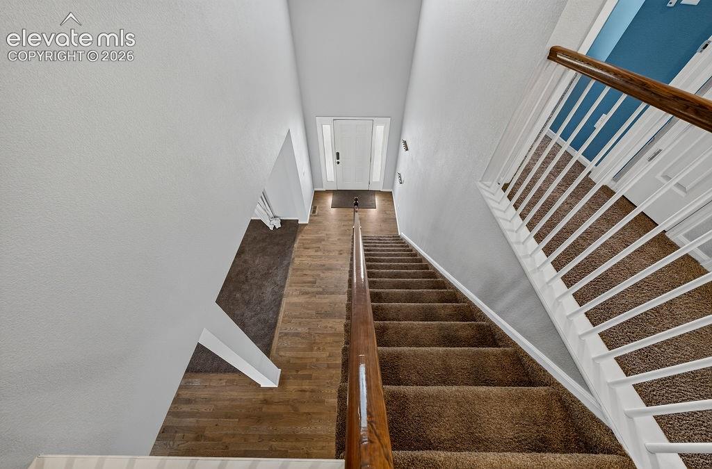 Staircase with carpeted treads and risers, featuring wood-finish handrails and white balusters