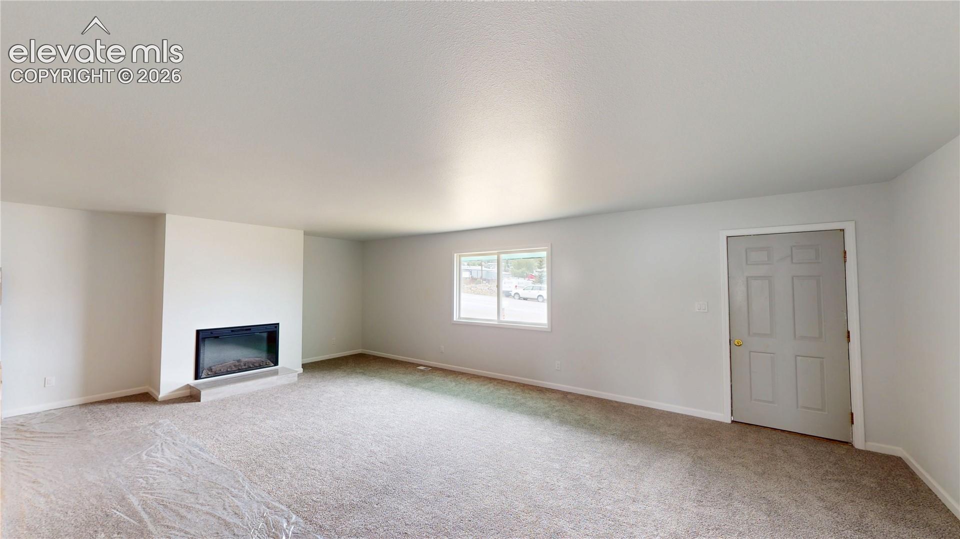 Spacious room featuring neutral carpet, light-colored walls, a built-in fireplace, and a window with natural light