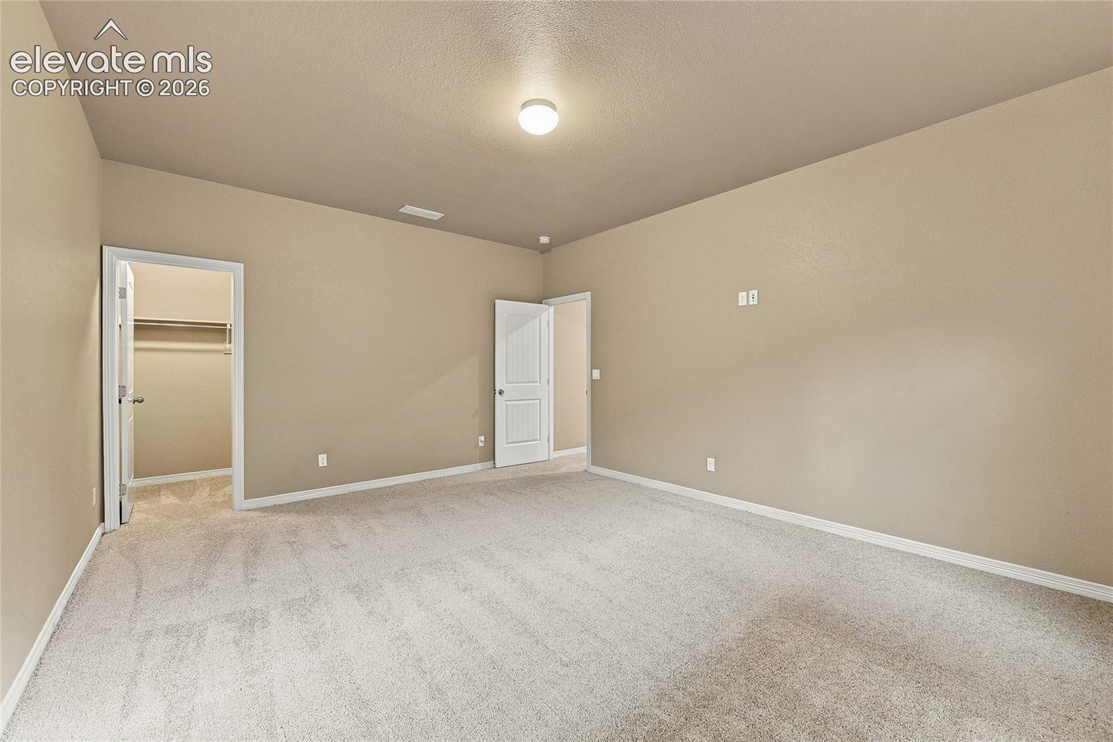 Neutral-toned interior featuring wall-to-wall carpeting, flush-mount ceiling lighting, and a walk-in closet with built-in shelving