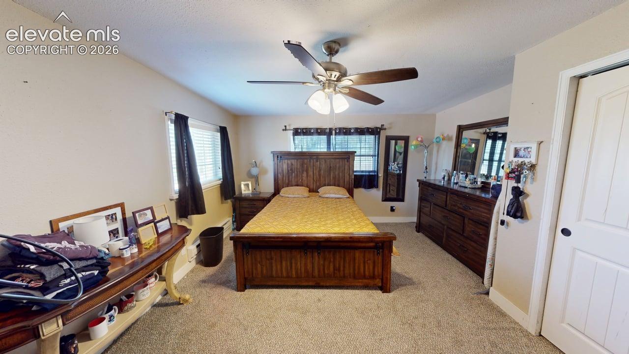 Carpeted flooring, ceiling fan, white paneled door, and multiple windows with blinds