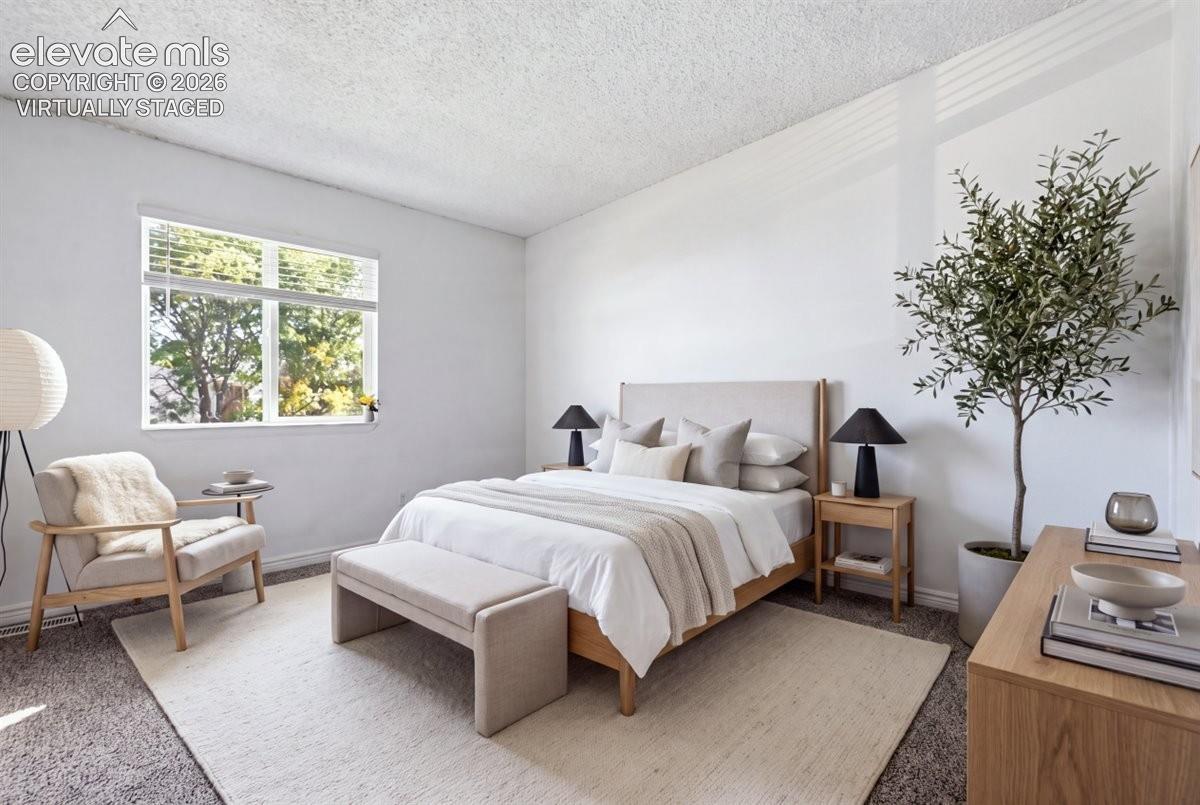 VIRTUALLY STAGED
Carpeted room with a large window featuring blinds