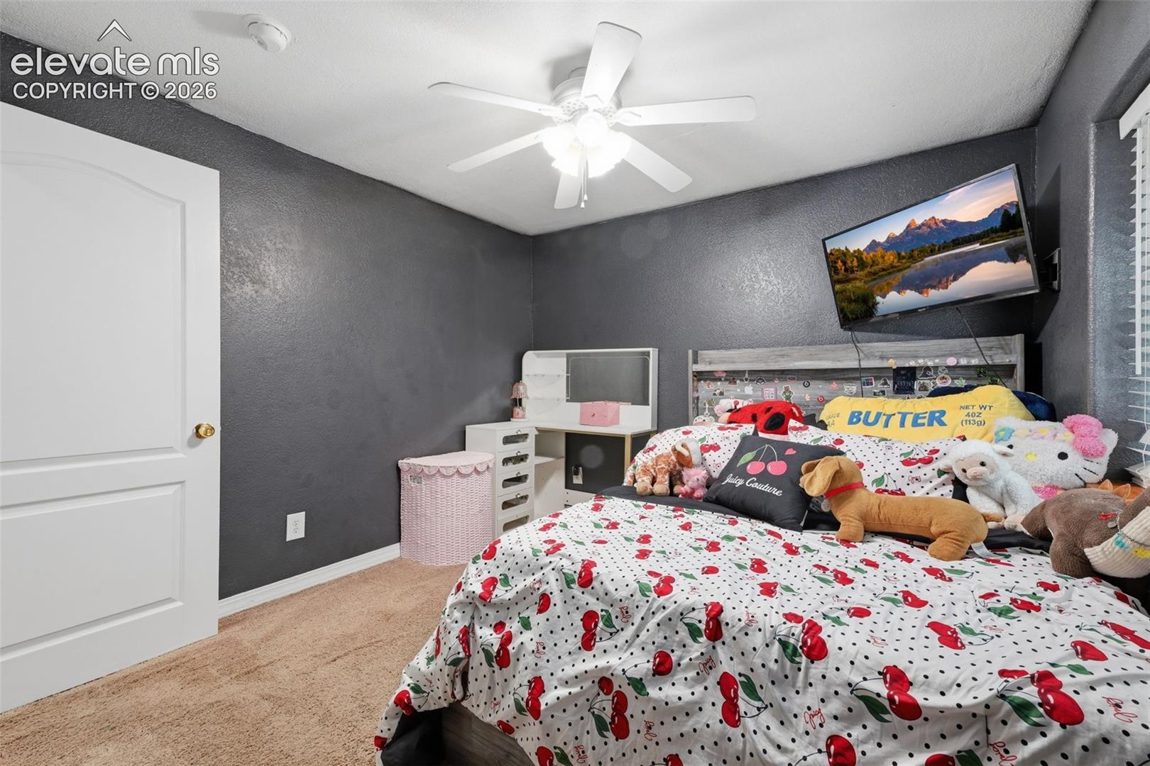 White paneled door with brass hardware, ceiling fan with light fixture, carpeted flooring, built-in desk unit with drawers, and wall-mounted television