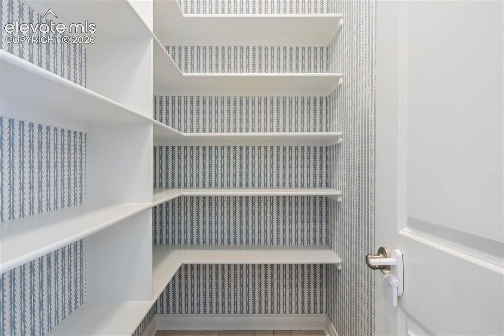 Built-in pantry shelving featuring a light wood-finish flooring and patterned wall covering