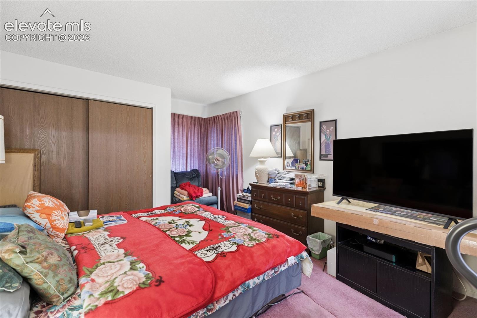 Room featuring dual sliding closet doors with wood-finish panels and wall-to-wall carpeting