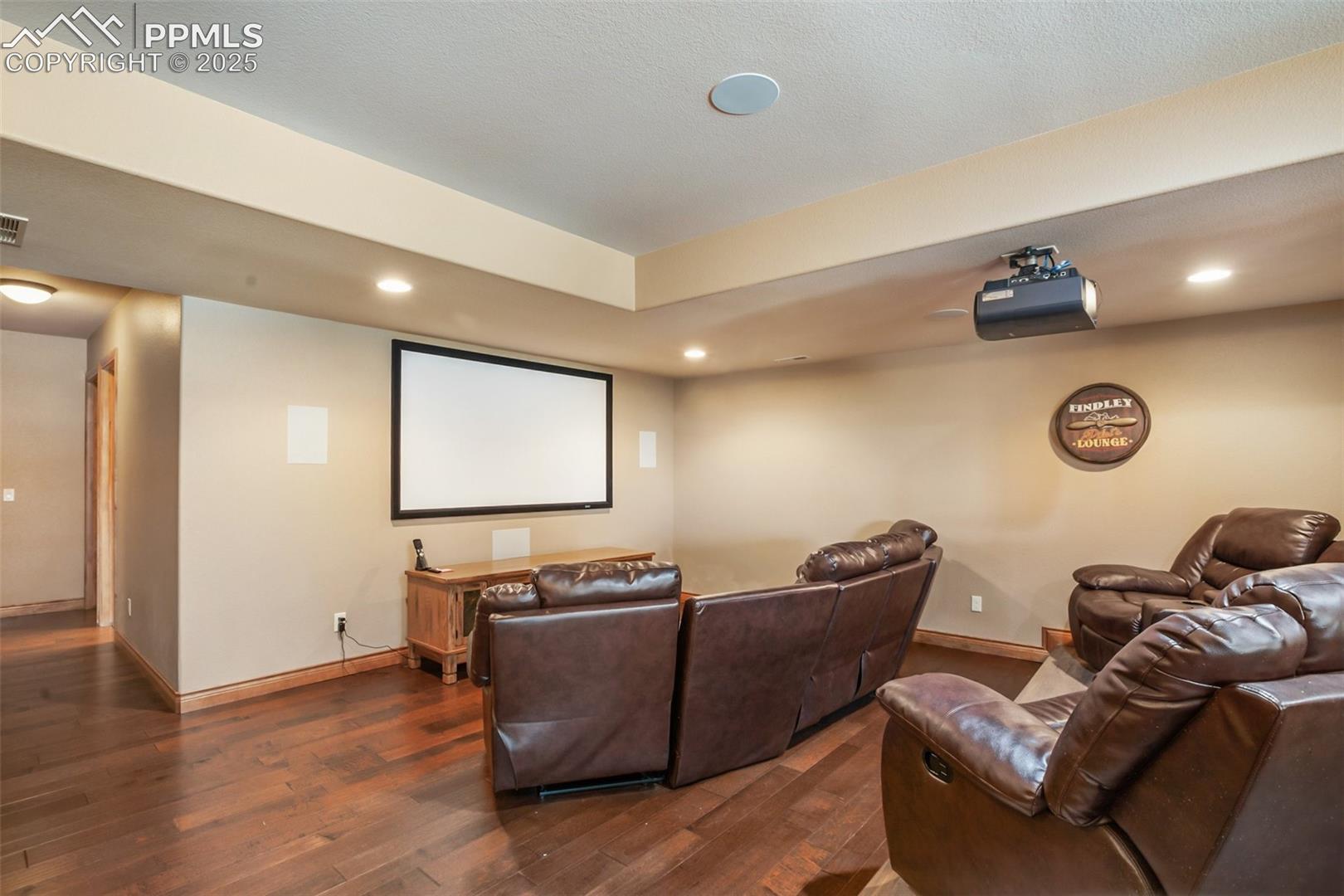 Cinema room featuring all audio, projector and sitting 