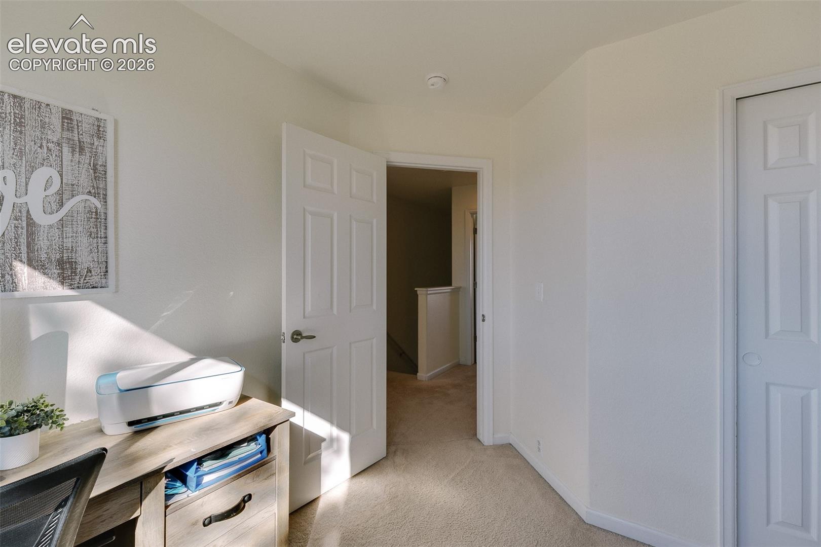 Neutral wall paint, beige carpet, white interior door with paneling, and white trim