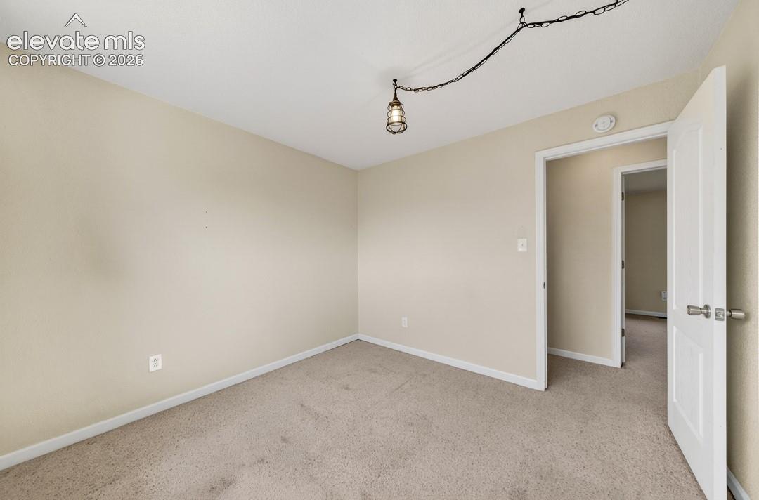 Neutral tone wall paint, carpet flooring, and a ceiling-mounted light fixture