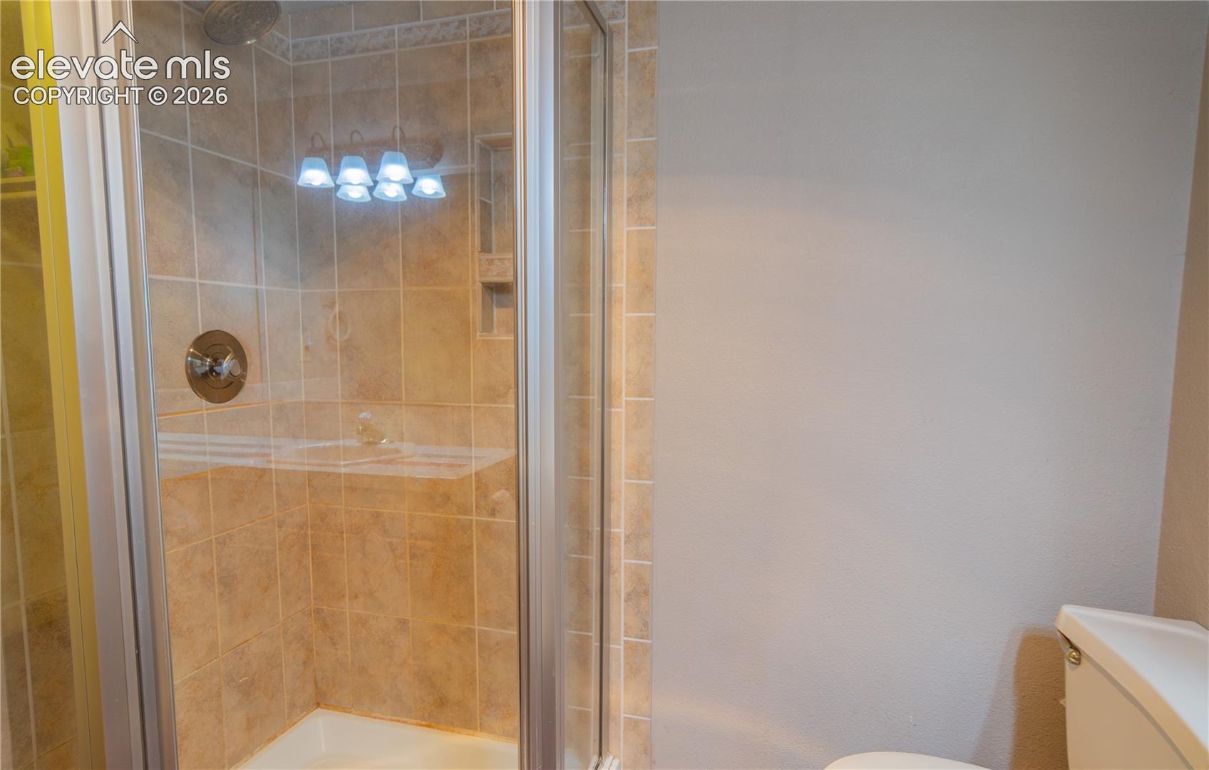Glass-enclosed shower featuring a tiled surround, built-in shelving, and a rain showerhead