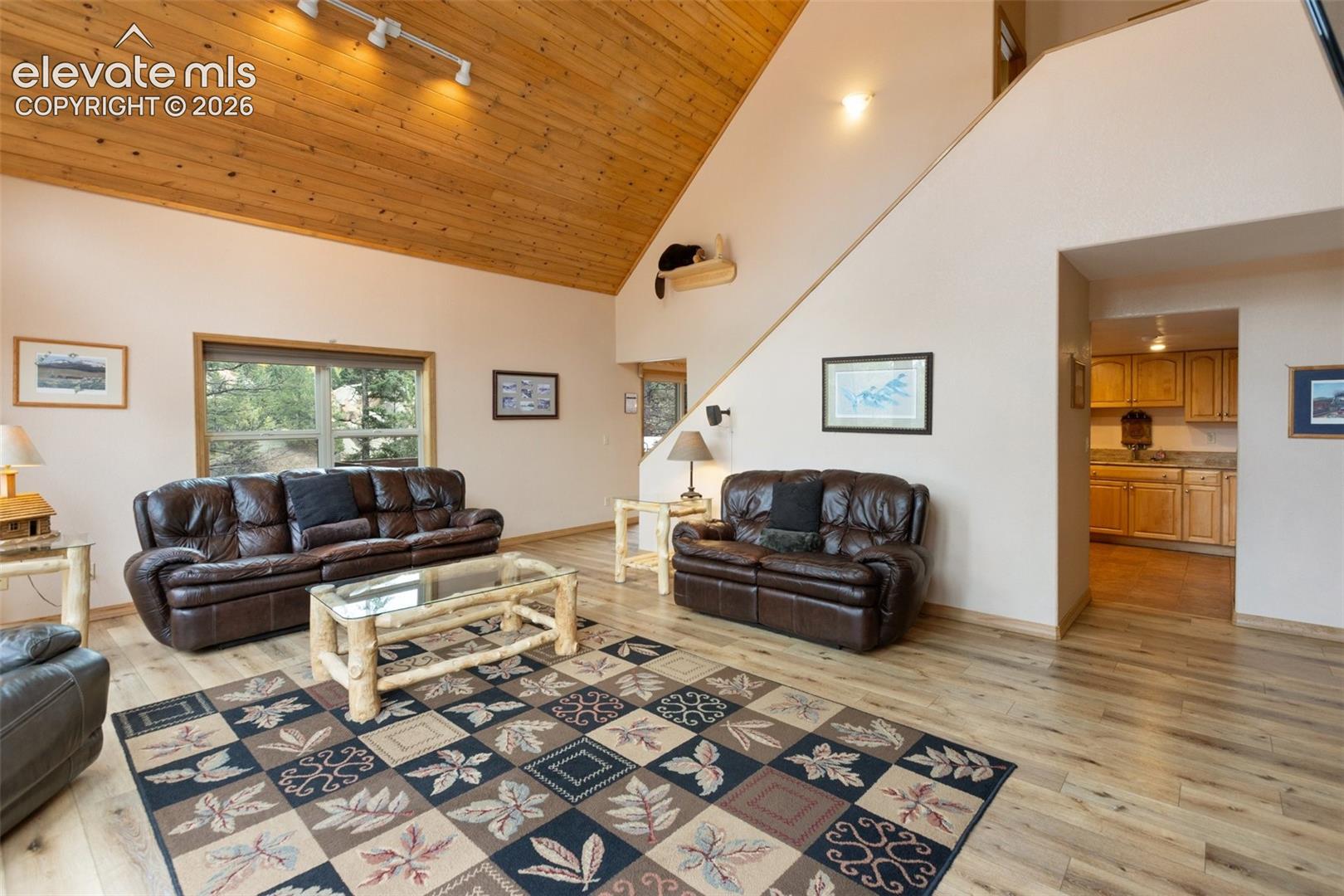 Vaulted wood-paneled ceiling, track lighting, wood-finish flooring, and an open-concept layout