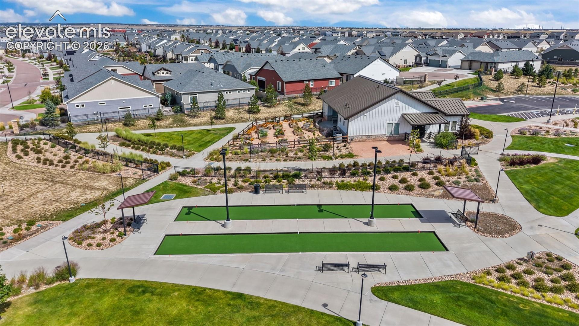 Bocce ball and community garden area.