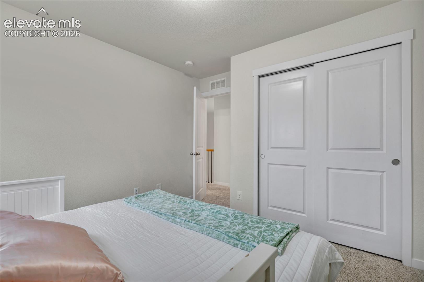 Carpeted room featuring a white paneled closet door