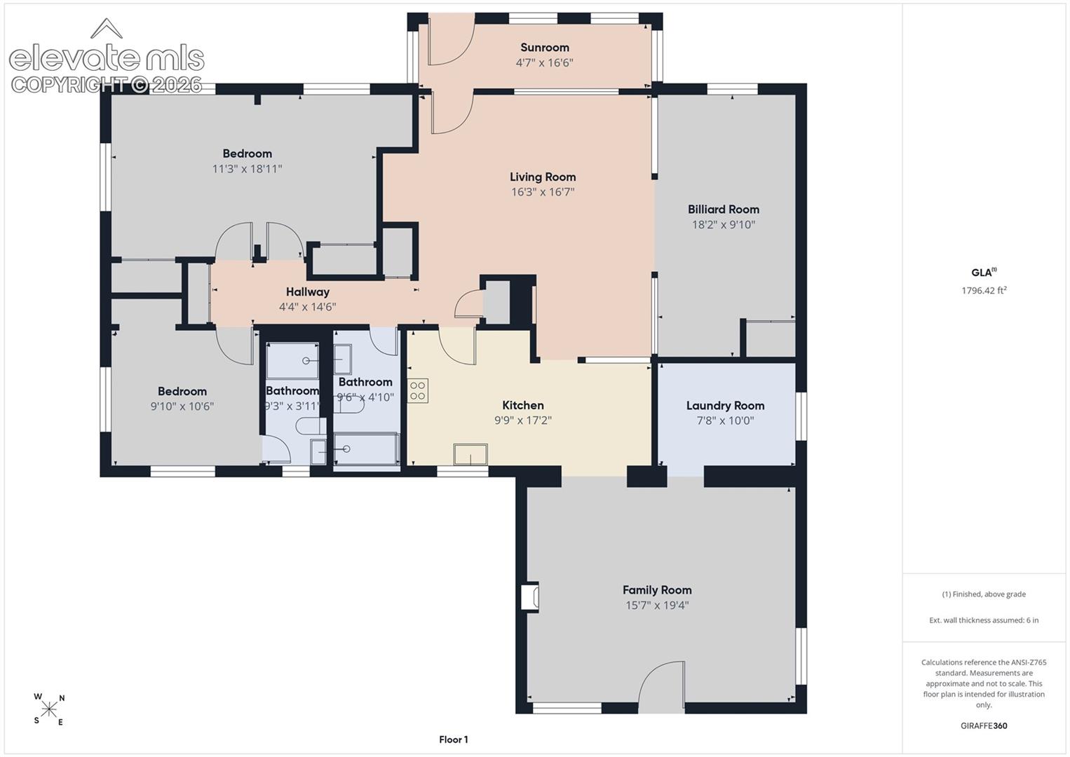 Detailed floor plan illustrating the home's functional layout, including two bedrooms, two bathrooms, spacious living and family rooms, kitchen, laundry room, sunroom, and additional billiard room.