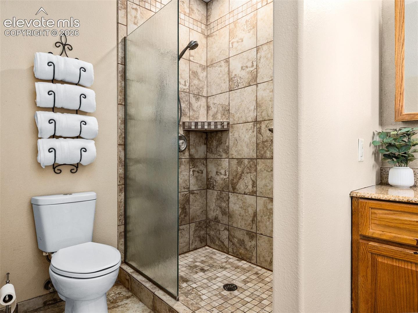 Glass-enclosed shower with tiled walls and a built-in shelf