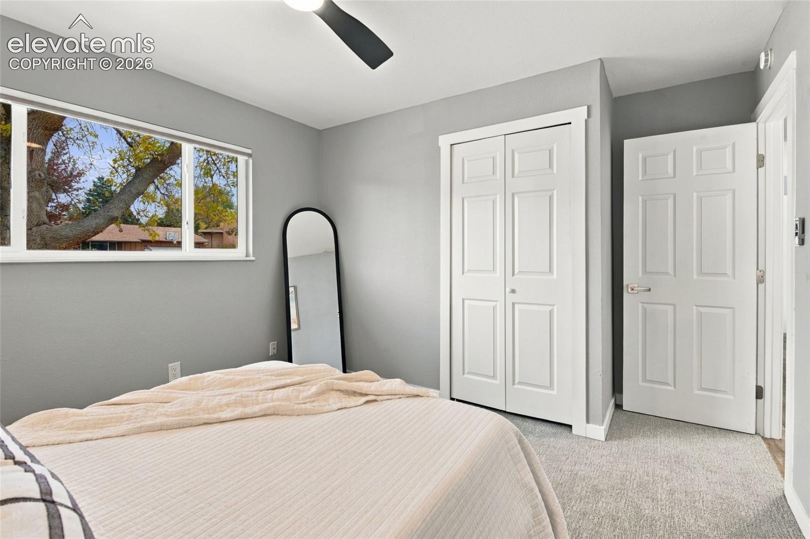Neutral-toned interior featuring grey walls, light-colored carpeting, a dual-pane horizontal window, a six-panel door, and a two-door bifold closet