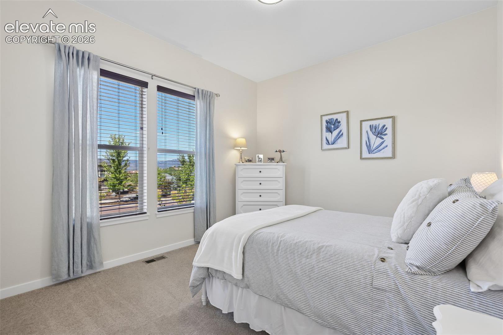Neutral wall tones, dual windows, and carpeted flooring