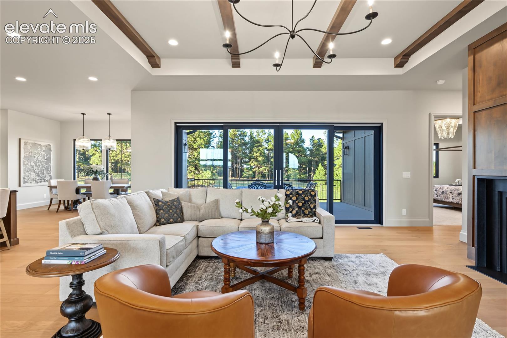 Wooden beams in the open living room