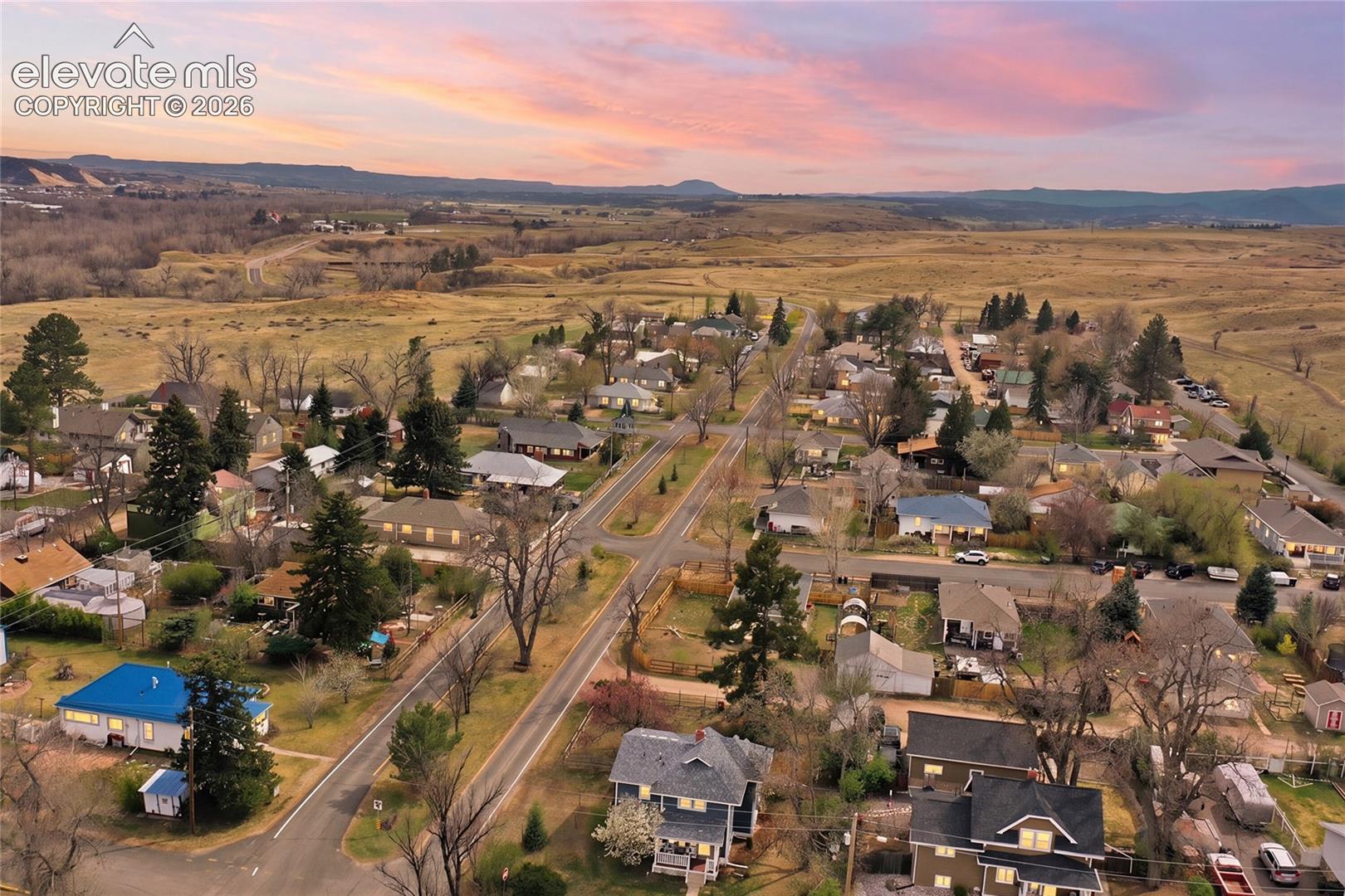 Aerial perspective of the residential area featuring established tree canopy, paved street infrastructure, and expansive horizon landscape